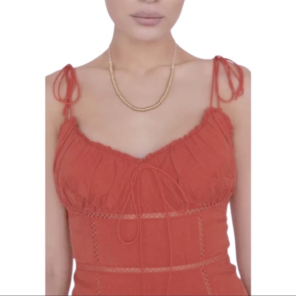 New Free People Athena 0 & 4 Rust Orange Silky Ruched Shoulder Tie Midi Dress - Picture 6 of 6